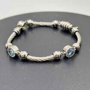 Designer Signed Sterling Silver 
Steel Twisted Cable Blue Topaz Diamond Bracelet